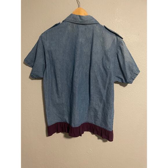 Vintage Just Class Womens Top Large Blue Denim Ruffle Button Up Western 80s FLAW - Picture 5 of 8
